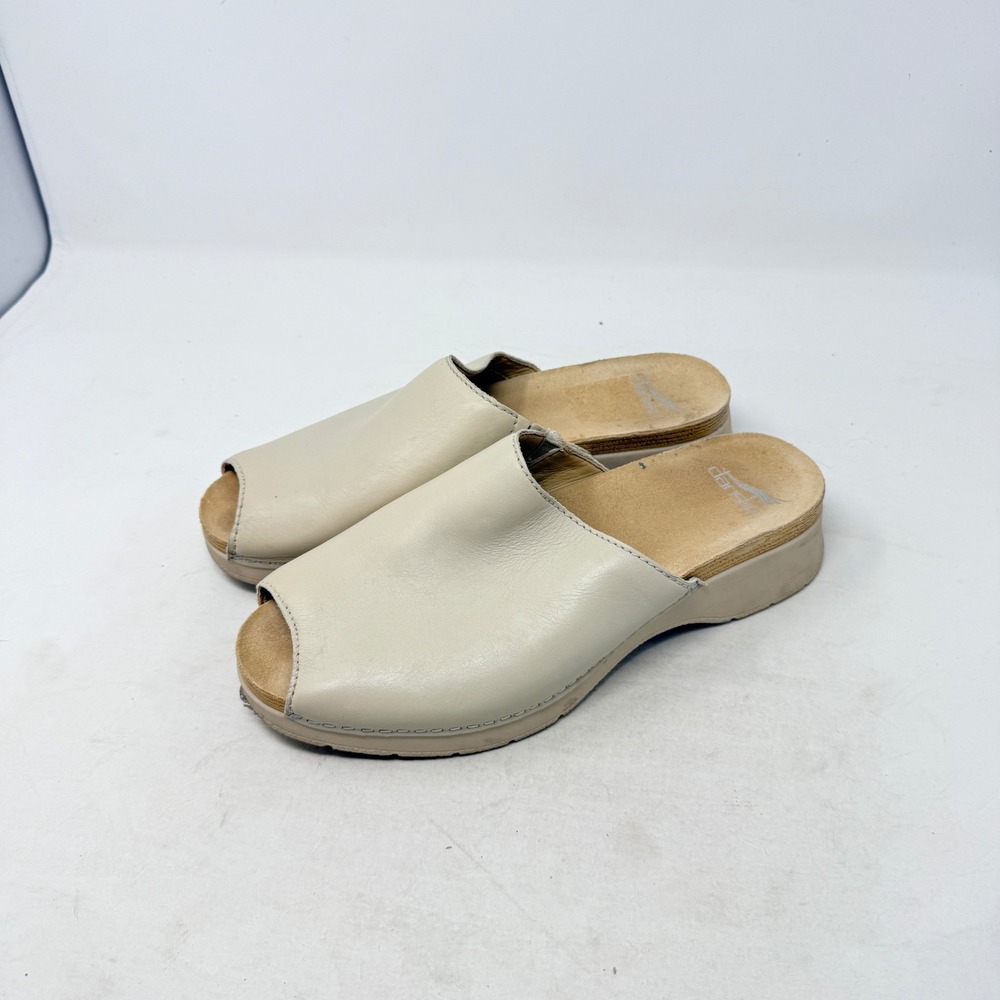 Dansko Peep Toe Mules Ivory 40 Leather Clog Sandal Comfort Minimalist
